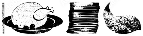 Roasted turkey, sliced meat, and fish fillet in vintage halftone style