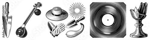 garden tools musical instrument sun hat gloves record vase
