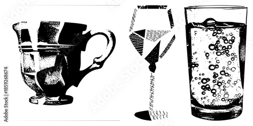 Three drinking vessels stylized with halftone