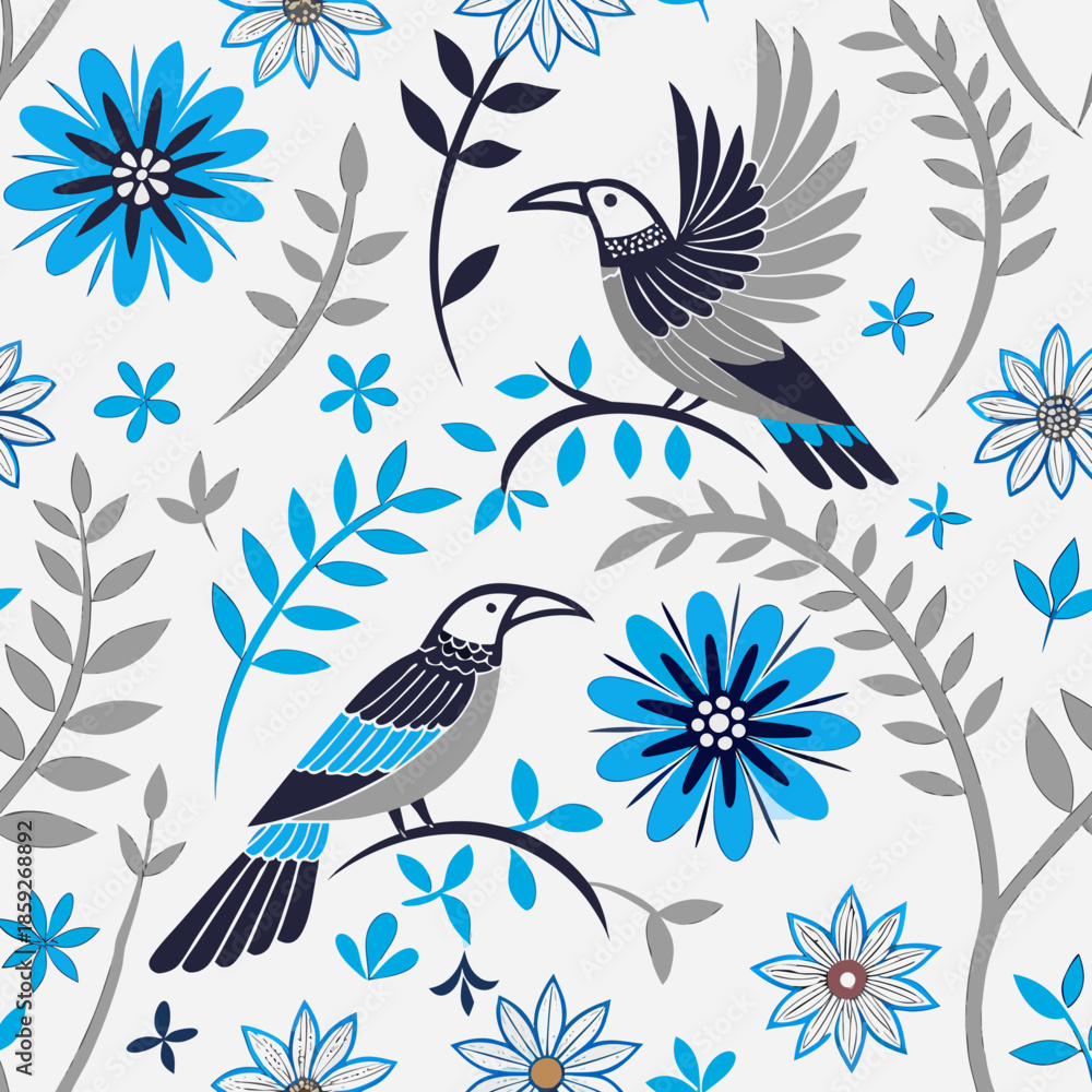 Obraz premium Stylish bird and flower pattern design in blue tones on white background for textile and decor