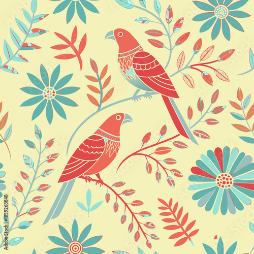 Indian motif pattern featuring colorful birds and floral designs on a pastel background
