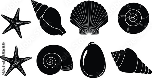 Black seashell silhouettes collection featuring starfish scallop and nautilus shell icons isolated on white background for marine nature summer beach design elements