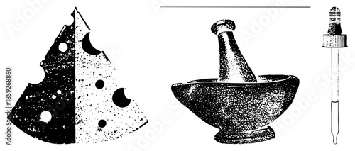 cheese slice mortar pestle dropper isolated