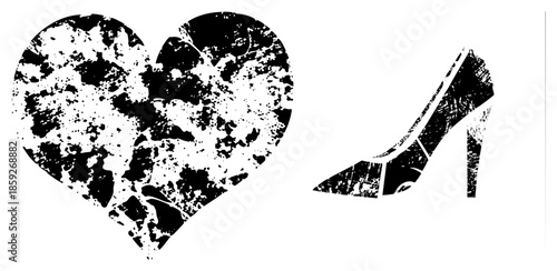 Heart and high heel shoe distressed black and white vector