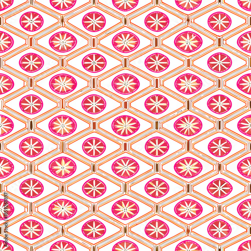 Vibrant geometric pattern design with pink and orange colors on light background for decor and textiles