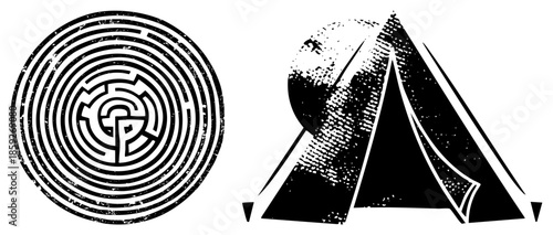 Circular labyrinth and tent silhouette vector