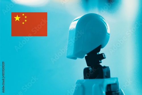 Robot looking at the Chinese Flag, photo illustration of a futuristic concept.