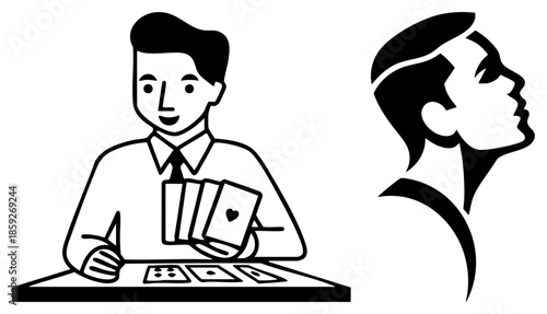 man holding playing cards at table woman profile silhouette