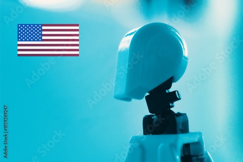 Robot looking at the American Flag, photo illustration of a futuristic concept.