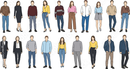 “Casual and formal people illustration set, diverse men and women standing in modern outfits, fashion character vector collection, contemporary lifestyle artwork”