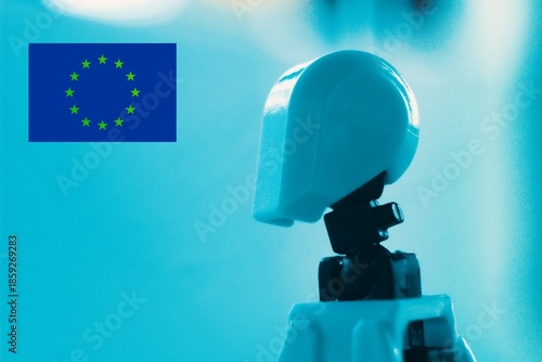 Robot looking at the European Flag, photo illustration of a futuristic concept.