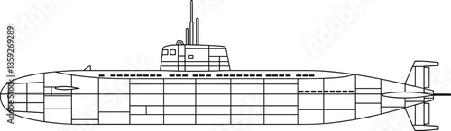 Detailed military submarine outline drawing featuring periscope tower and hull sections isolated on white background for naval history and deep sea exploration