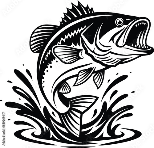 Largemouth bass fish jumping out of water with splash silhouette black and white vector illustration for fishing sport logo and outdoor designs