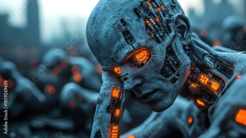 A contemplative robot figure sits amongst dystopian city ruins, showcasing a blend of technology and emotion that reflects deep existential themes and the future of humanity and AI.