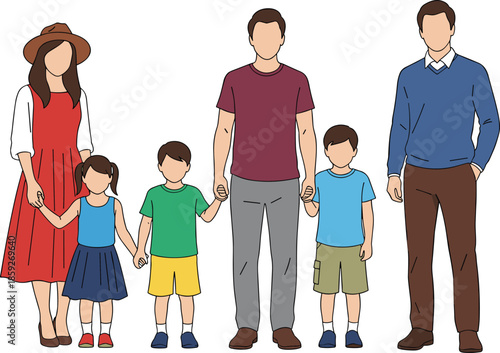 “Happy family illustration, parents and children holding hands, diverse group of kids with adults, flat style vector artwork, togetherness concept”