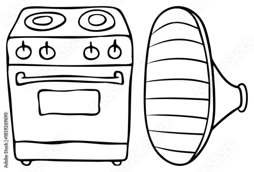 stove and oven mitt cartoon illustration