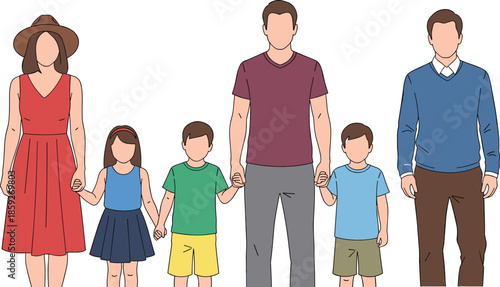 “Happy family illustration, parents and children holding hands, diverse kids with adults, flat style vector artwork, bonding and togetherness concept”