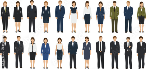 “Business professionals standing together, corporate team illustration, diverse office employees in formal attire, workplace diversity, business people vector set”