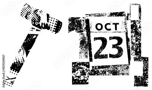hammer and calendar date oct 23 distressed black and white vector
