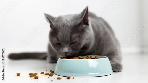 Gray Cat Contentedly Eating Dry Food from a Light Blue Bowl on White Background
