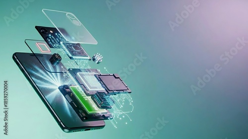 Exploded view of modern smartphone internal components with glowing circuit connections on gradient background. Generative AI. 