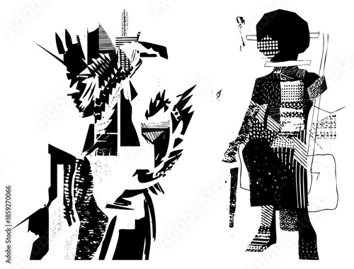 two stylized warrior figures in abstract black and white vector art