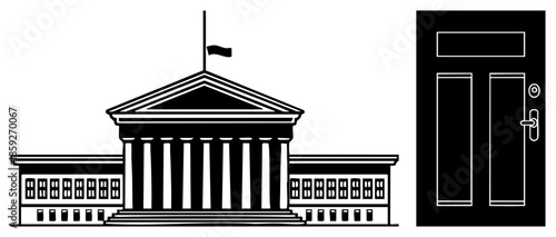 Government building with flag at half mast and door