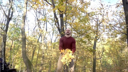 Joyful man smiles while holding and preparing to throw vibrant yellow autumn leaves in a beautiful sunlit forest. Capturing the essence of fall, freedom, and happiness.