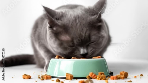 Gray Cat Indulging in a Delightful Meal: A Close-Up Look at Feline Feast with Turquoise Bowl and