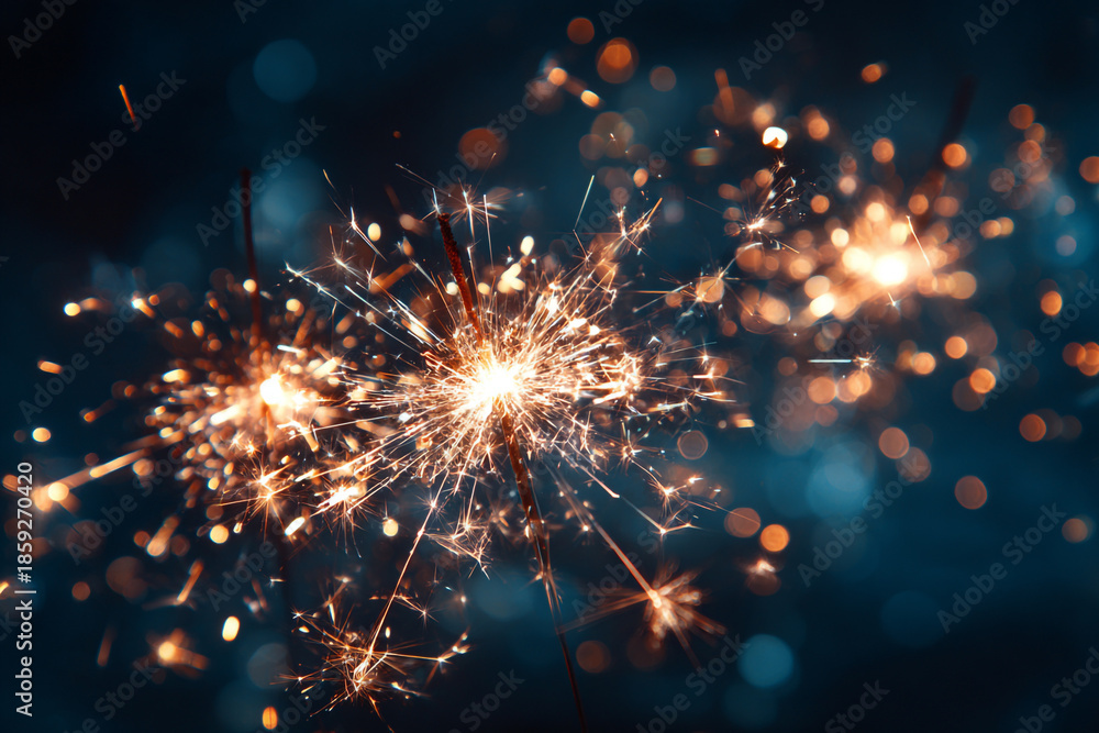 Obraz premium abstract close up of sparklers exploding with light and bokeh against a dark blue background