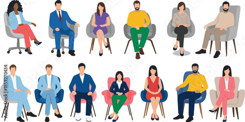“Sitting business people illustration, diverse professionals on chairs, modern office characters, corporate team vector art, formal seated posture collection”