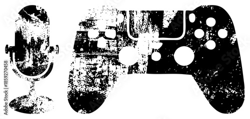 microphone and game controller vintage distressed black and white