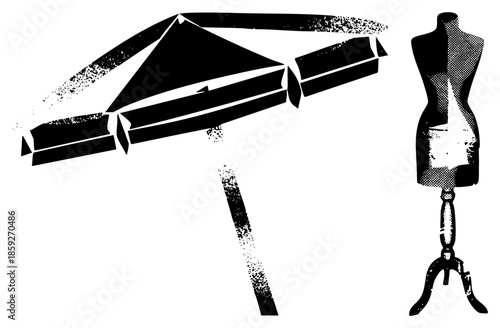 sewing machine and mannequin black and white vector