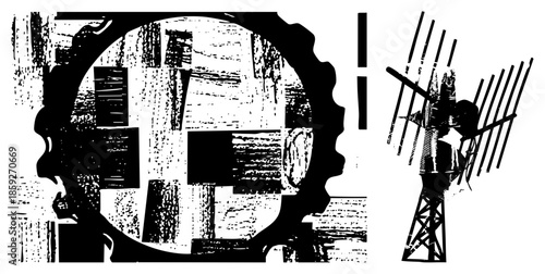 gear silhouette with abstract and satellite dish