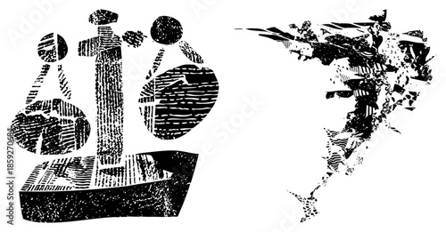 sailboat with stylized crew and abstract wave