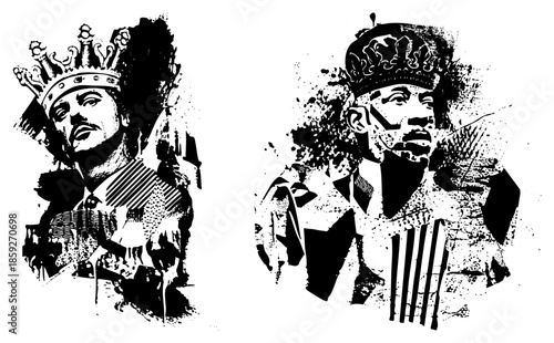 two crowned men portraits stylized black and white vector