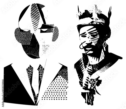 two stylized portraits black and white halftone