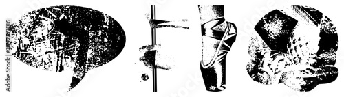 Ballet dancer in pointe shoe performing arabesque with abstract halftone texture