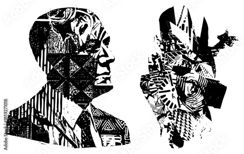 two stylized male portraits abstracted with geometric