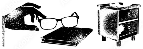 Hand holding glasses over book next to nightstand