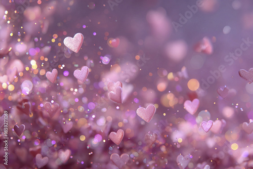 Pink pastel heart shaped light particles float in dreamy soft purple background, creating romantic and magical atmosphere with glowing bokeh effects and gentle sparkles