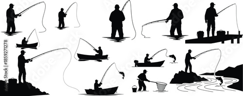 Collection of fisherman silhouettes casting rods from shore, boat, and dock for sport fishing