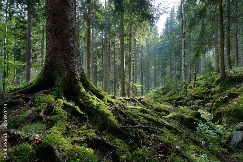 Obraz premium Ancient forest floor with gnarled tree roots covered in vibrant green moss sunlight filtering through the canopy creating a magical atmosphere