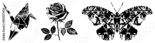 origami crane rose butterfly black and white vector set