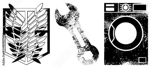 three black and white vector emblem, wrench, appliance