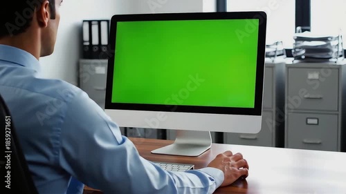 Wallpaper Mural Rear view of a businessman using a computer mouse with a green screen monitor while sitting at a desk in a clean corporate office setting. Torontodigital.ca