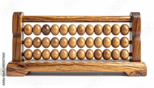 Antique Wooden Abacus with Rows of Beads on White Background.