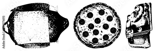 three vintage mechanical objects in black and white vector