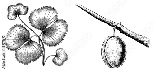 ginkgo biloba leaves and fruit vector illustration