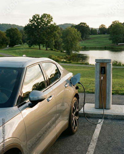 Silver electric car charging at a minimalist public station in a scenic green park near a lake at sunset.